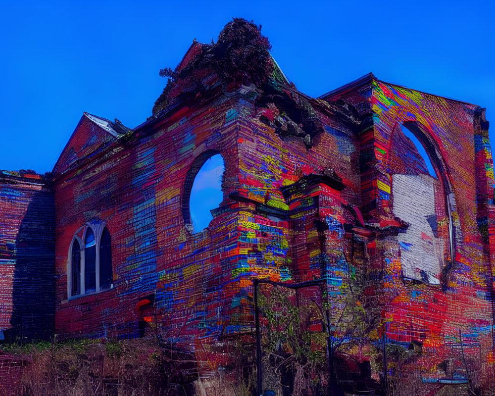 Abandoned building covered in graffiti with overgrowth - urban decay scene