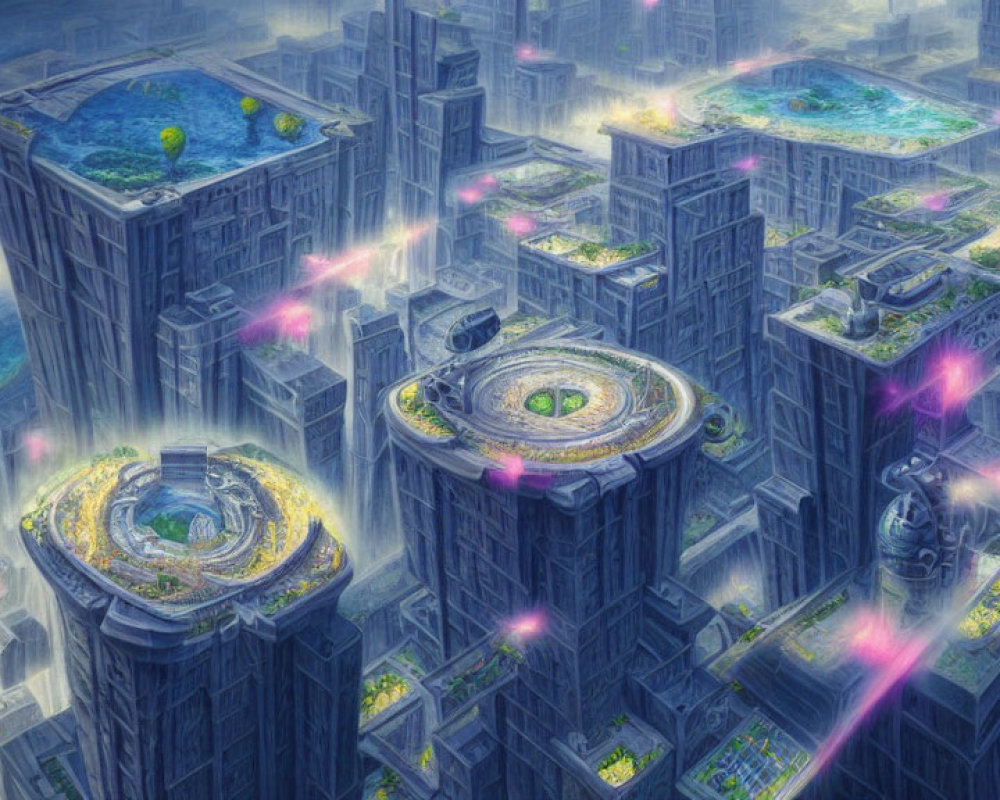 Futuristic cityscape with skyscrapers, floating platforms, and glowing energy sources