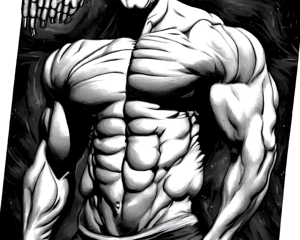 Muscular male figure in monochrome artwork with defined abs and shadows.