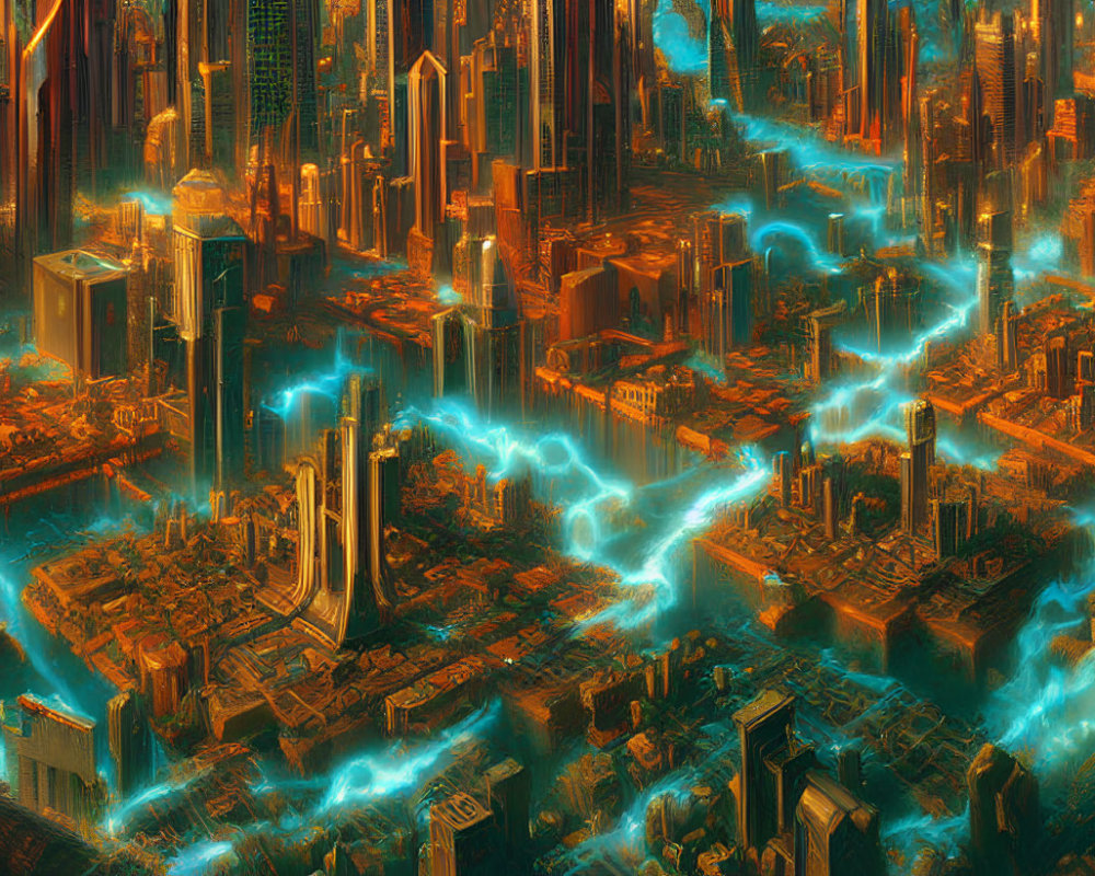 Futuristic cityscape at dusk with glowing blue light streams