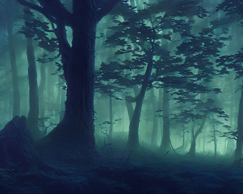 Mystical blue-toned forest with dense fog and towering trees