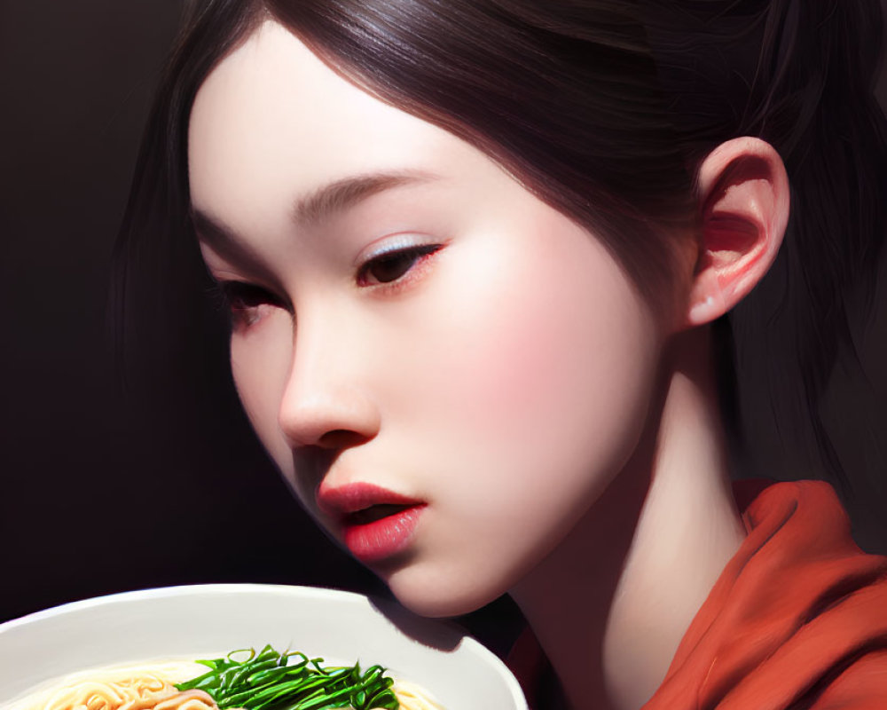 Digital artwork of woman with sleek hair holding ramen bowl on dark background