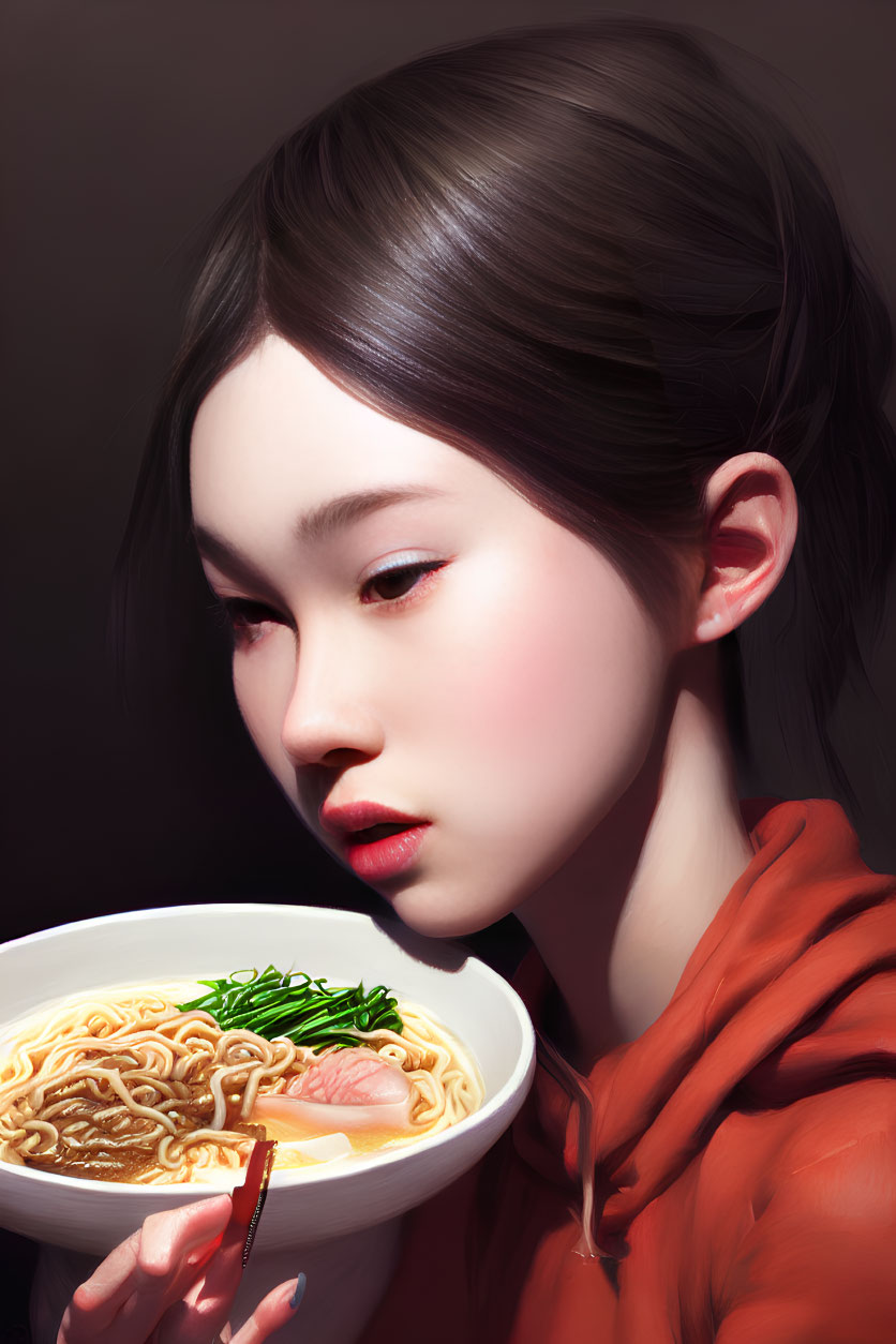 Digital artwork of woman with sleek hair holding ramen bowl on dark background