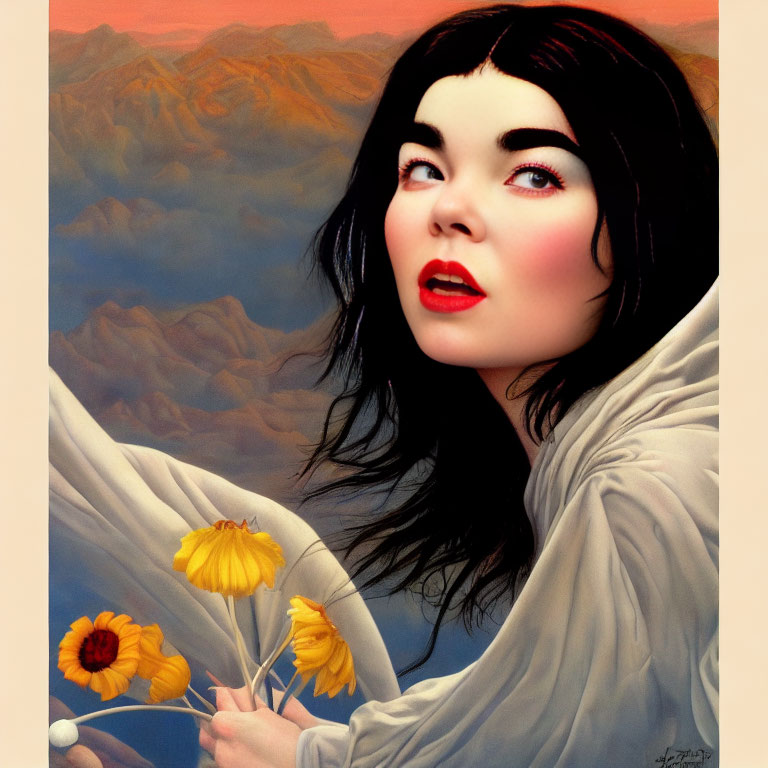 Stylized portrait of woman with dark hair and red lips, yellow flowers, mountain backdrop