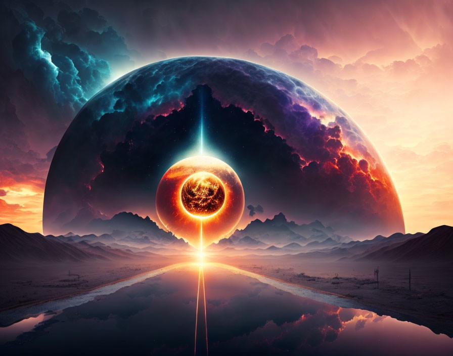 Surreal landscape with reflective surface and fiery orb against dramatic sky