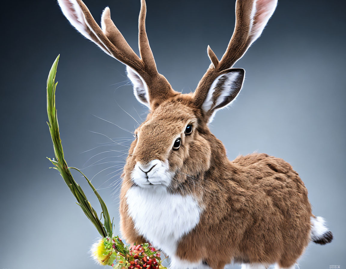 Unique Rabbit and Deer Antlers Fusion on Gray Background with Green Plant