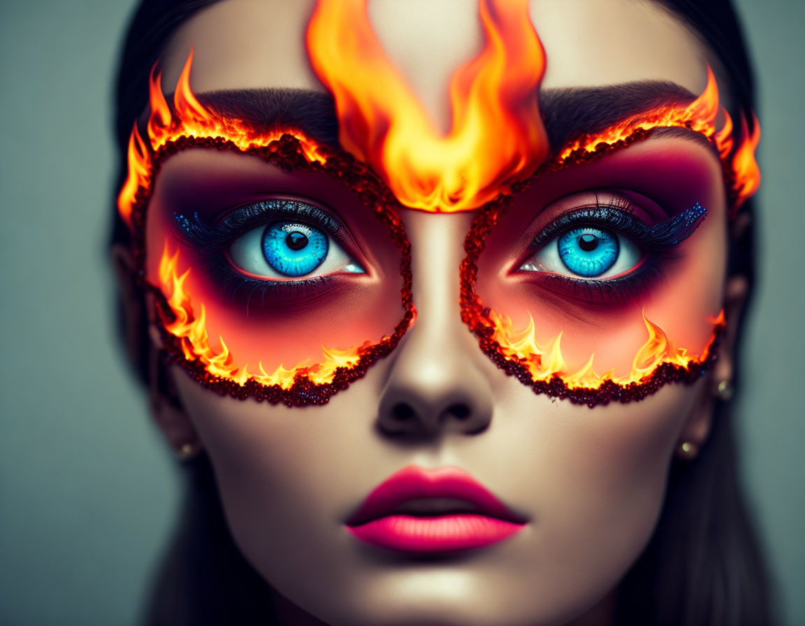 Portrait of a woman with intense blue eyes and fiery flames superimposed for a dramatic artistic look