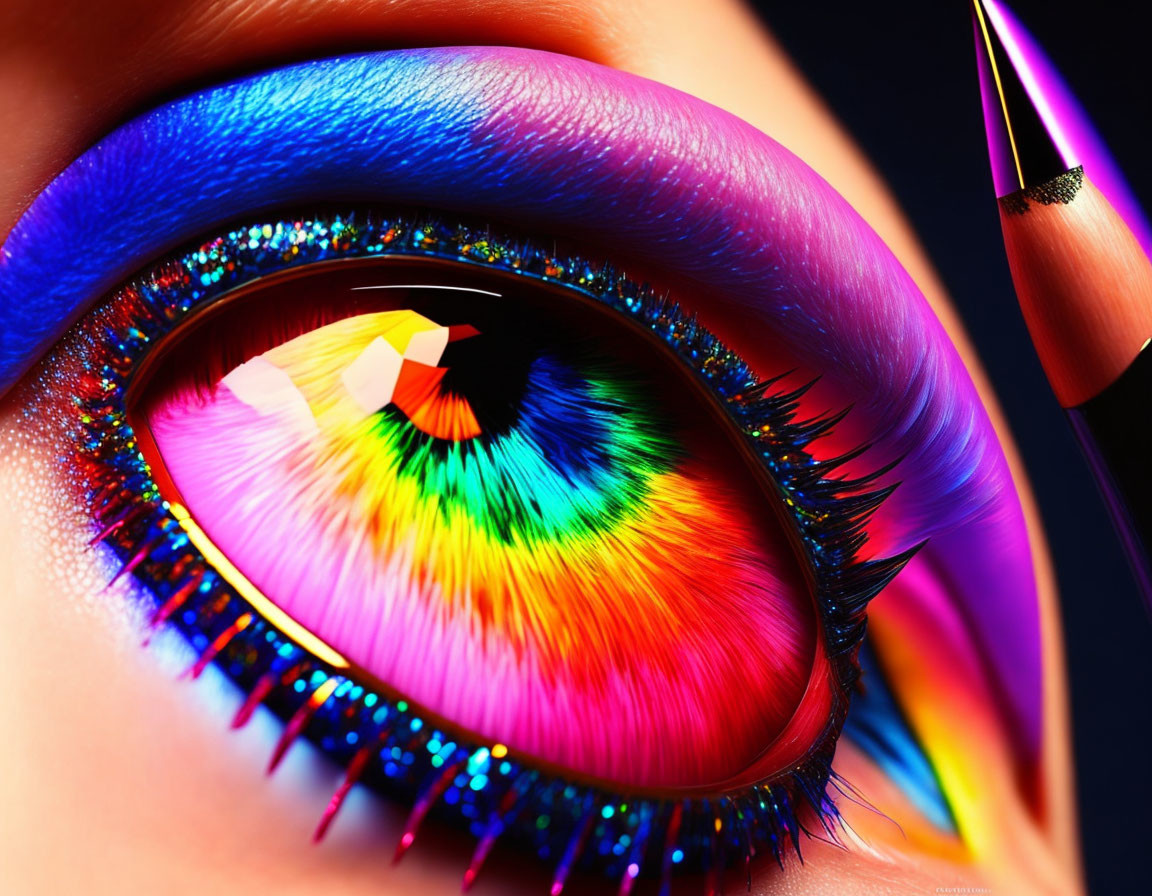 Detailed Close-Up of Eye with Rainbow Eyeshadow and Feathers