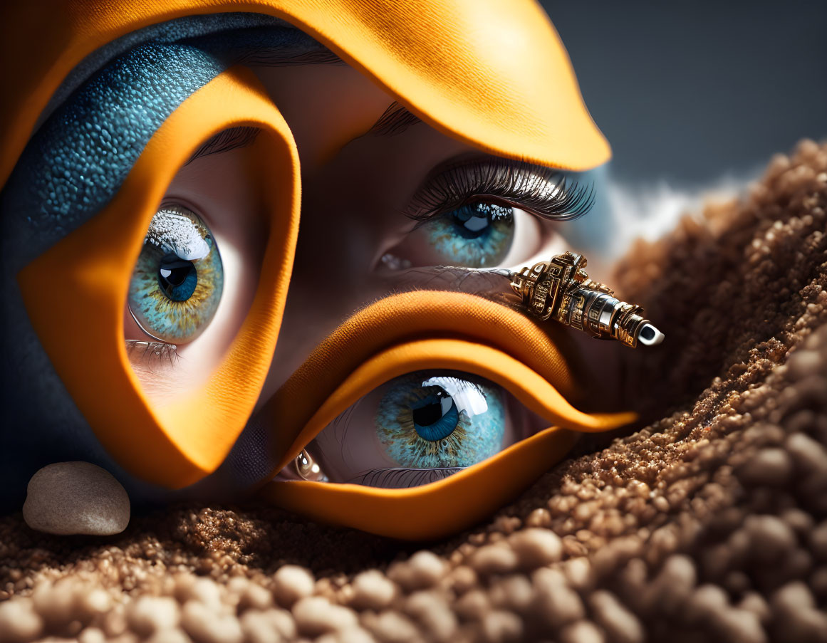 Detailed Close-Up of Vibrant Blue Eyes and Yellow Mask with Lighthouse on Beige Surface