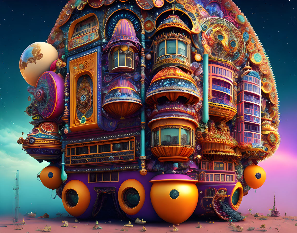 Colorful Building on Wheels Against Dusk Sky on Otherworldly Terrain