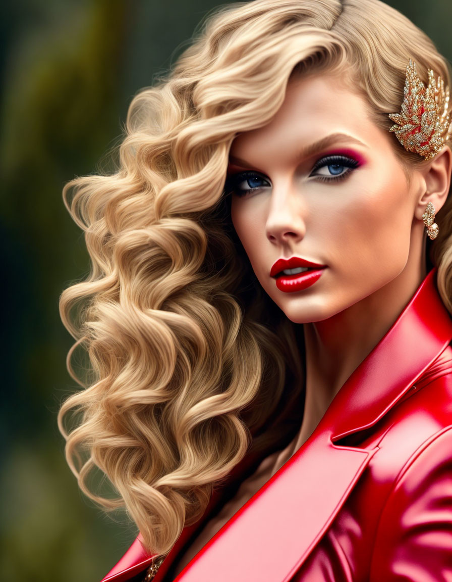 Blonde woman with red lipstick and gold hair accessory in red jacket