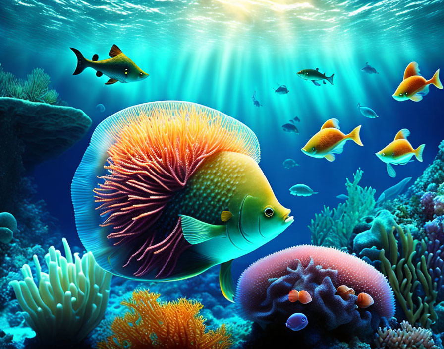 Vibrant underwater scene with colorful fish, coral reefs, and sunbeams.