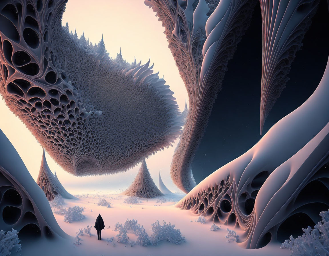 Person in surreal landscape with organic fractal structures