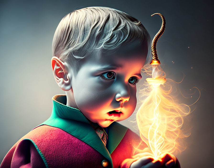 Child holding glowing, mystic artifact emitting light spiral