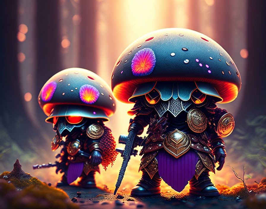 Stylized figures in mushroom cap headgear, ornate armor, in enchanted forest