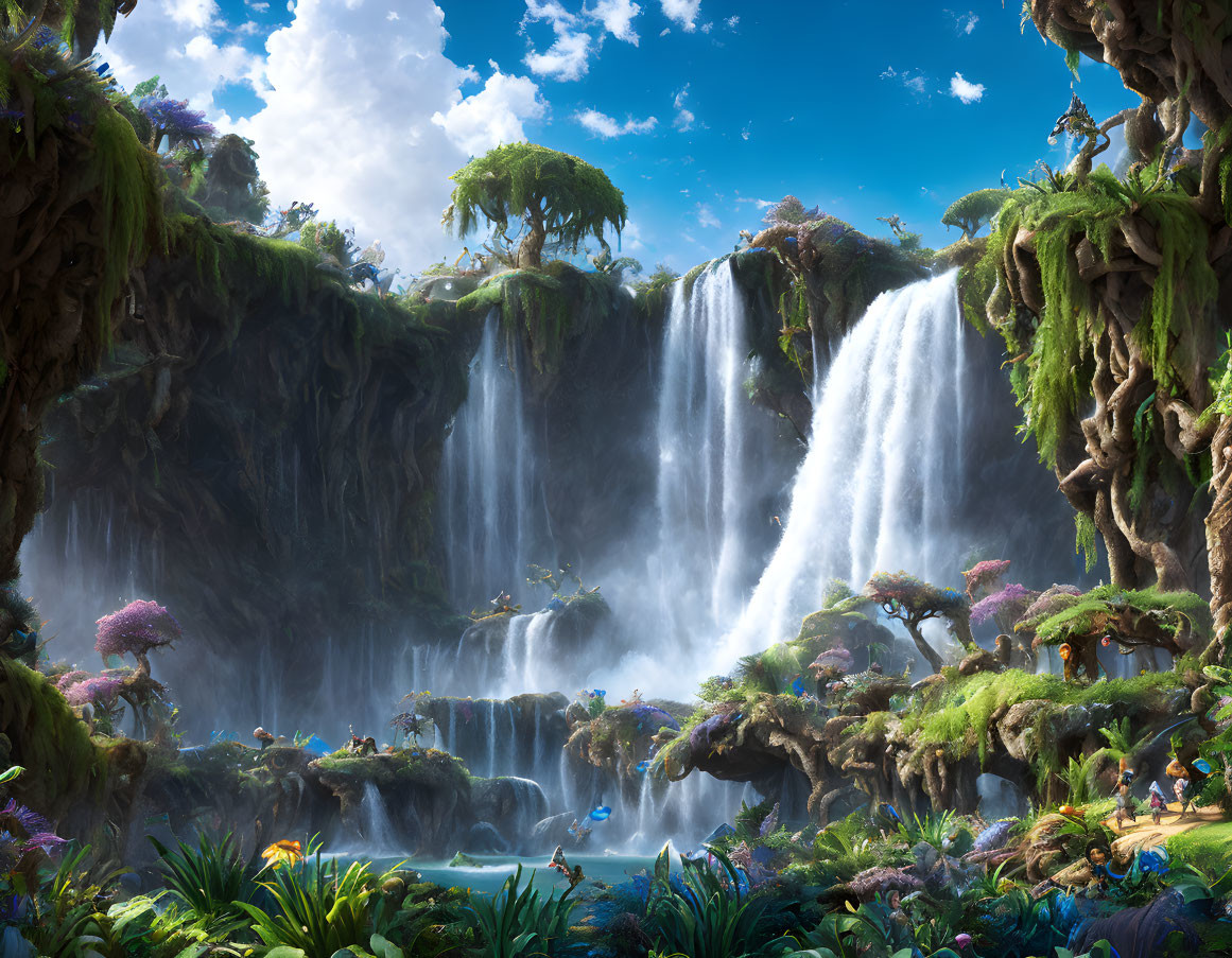 Vibrant fantasy landscape with waterfalls, foliage, trees, and blue sky