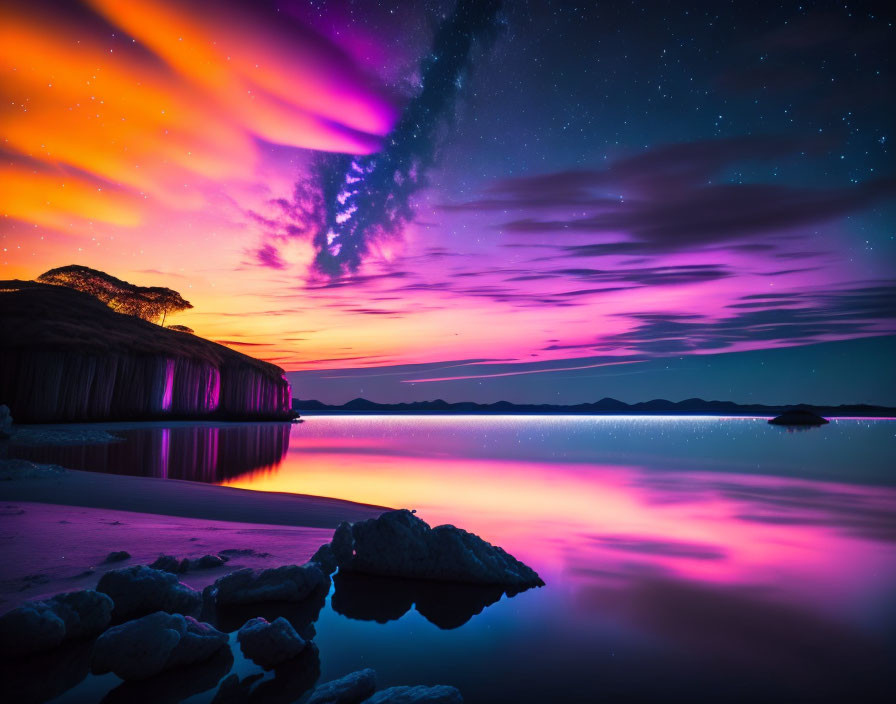 Scenic sunset: purple and orange hues over calm lake