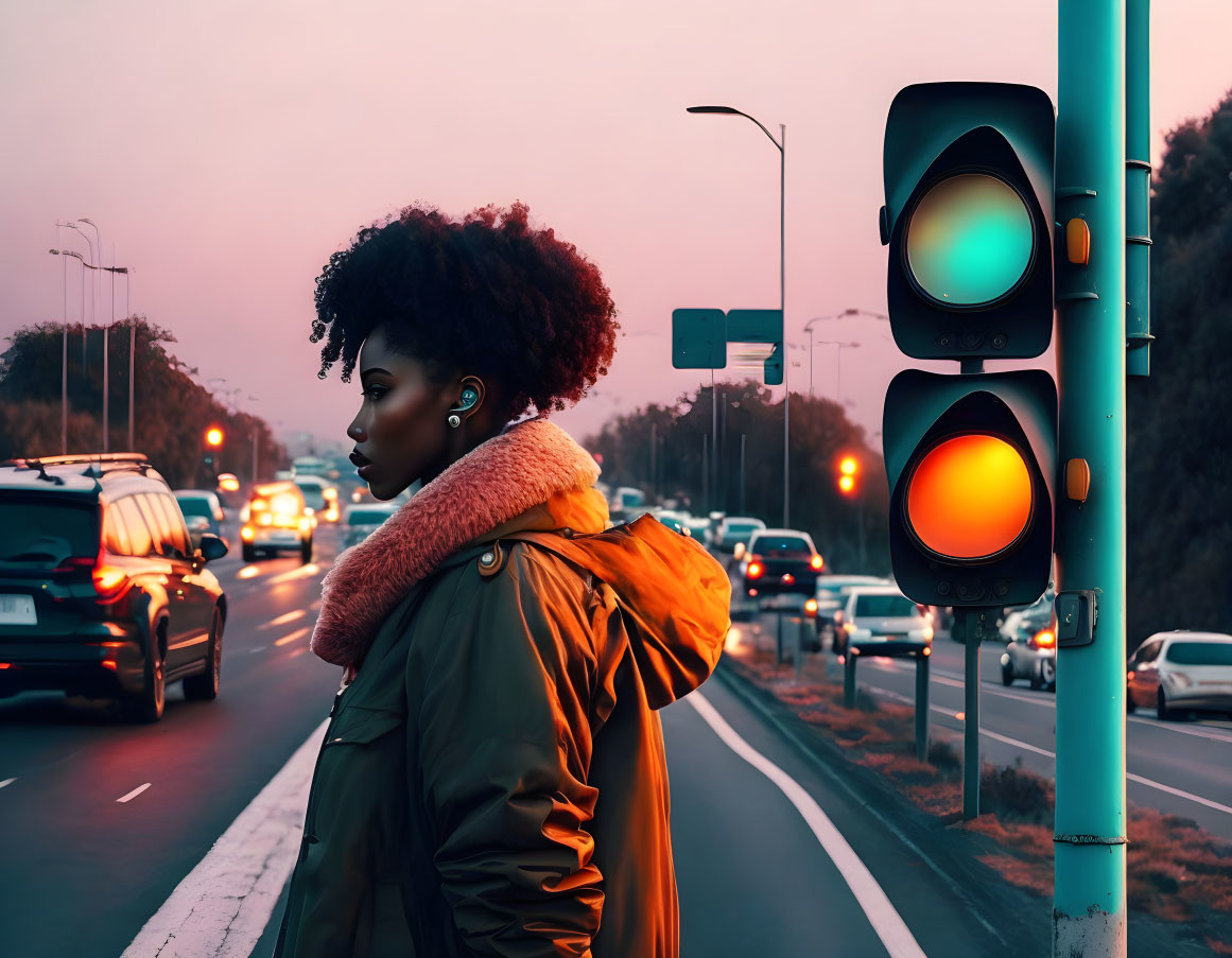 Woman at City Traffic Light at Dusk with Sunset Sky