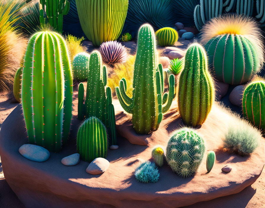 Vibrant Cartoon Cacti and Succulents in Sunlit Desert Landscape