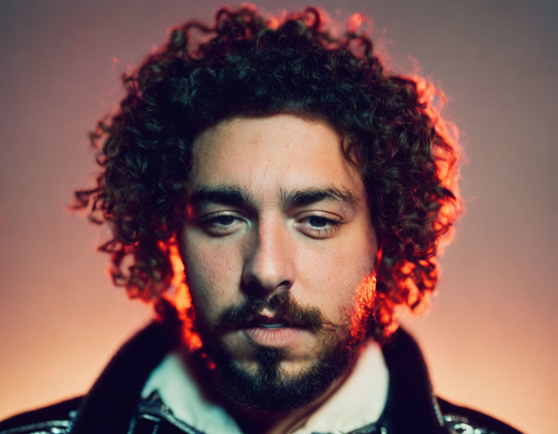 Man with Curly Hair and Beard in Black Outfit on Gradient Background