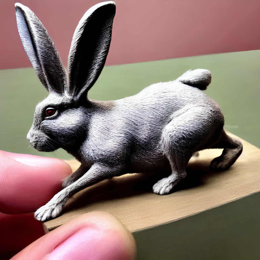 Detailed Miniature Rabbit Figurine with Realistic Fur Textures and Red-Eyed Gaze