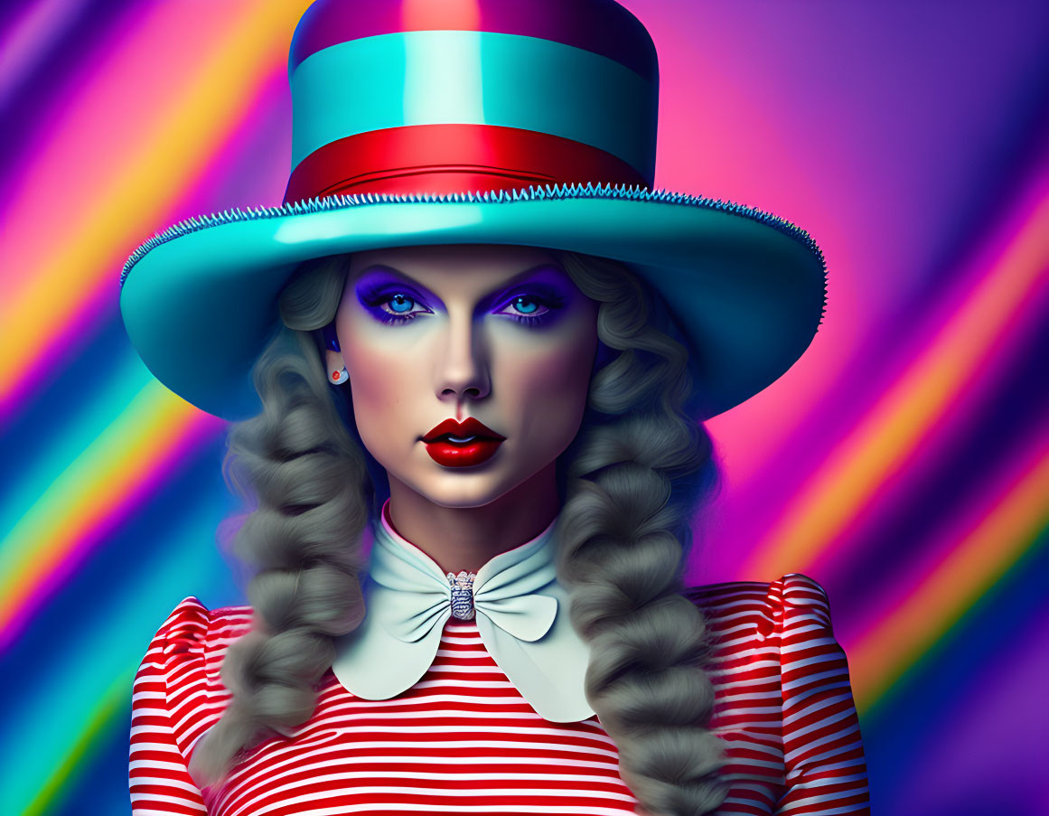 Colorful digital illustration of a woman with blue eyes, red lips, striped top, and top hat