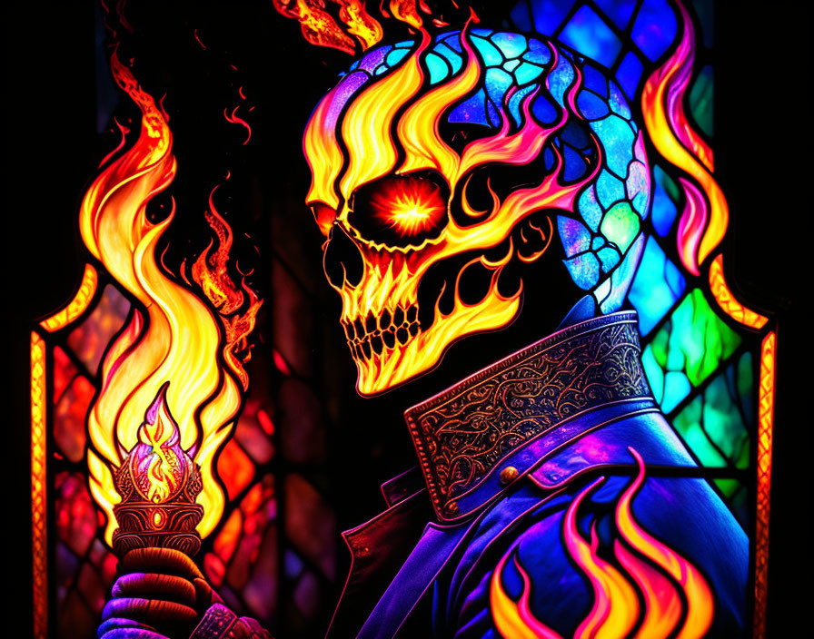 Colorful Flaming Skull Illustration on Stained Glass Background