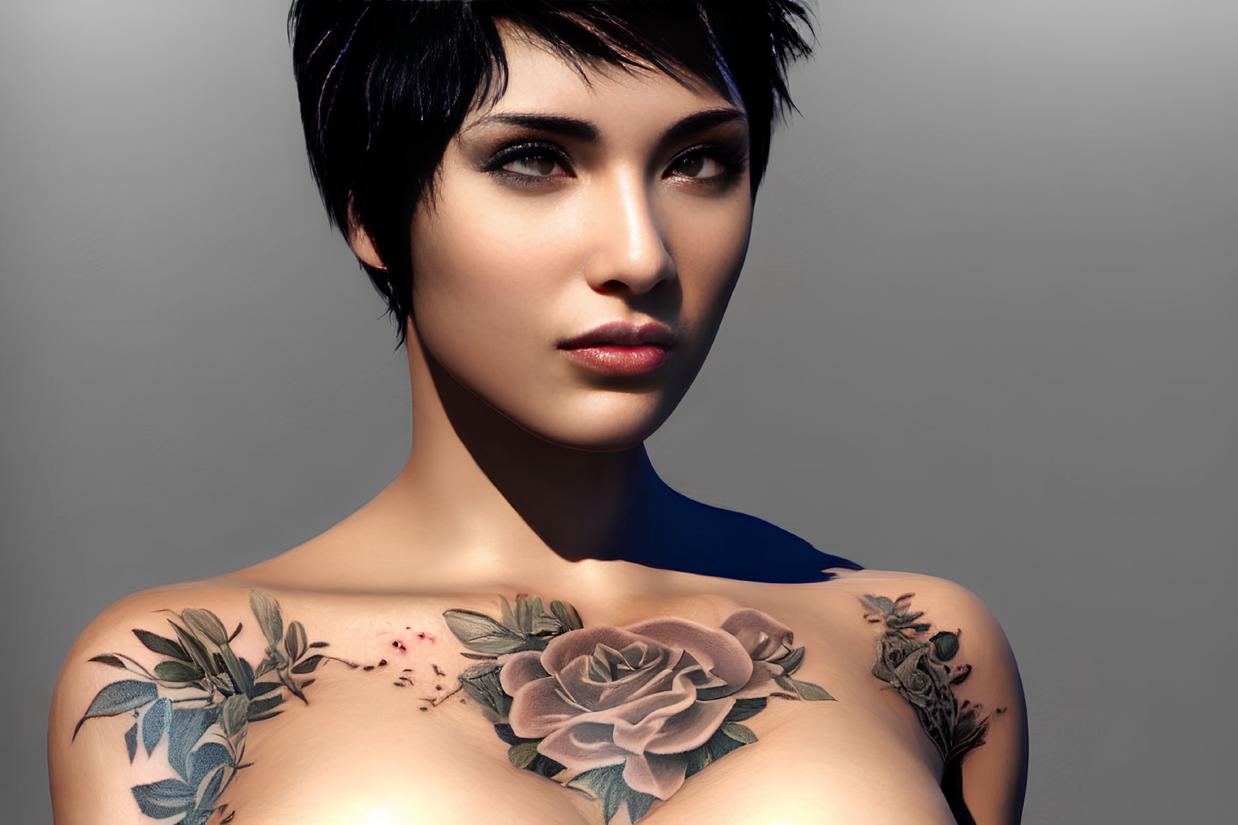 3D-rendered portrait of woman with pixie haircut, subtle makeup, floral tattoos