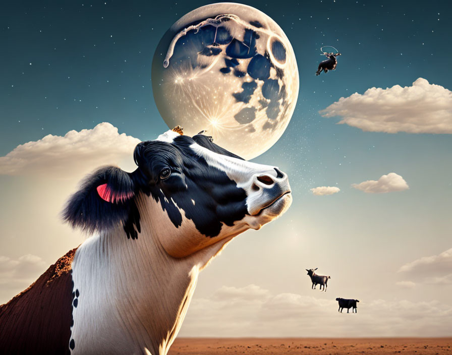 Surreal desert scene: cow under moon with floating cows