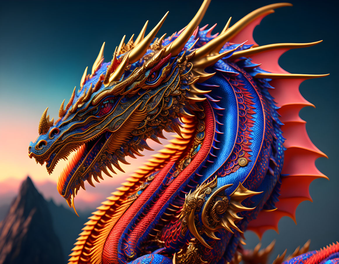 Detailed 3D rendering of majestic dragon with red and blue scales