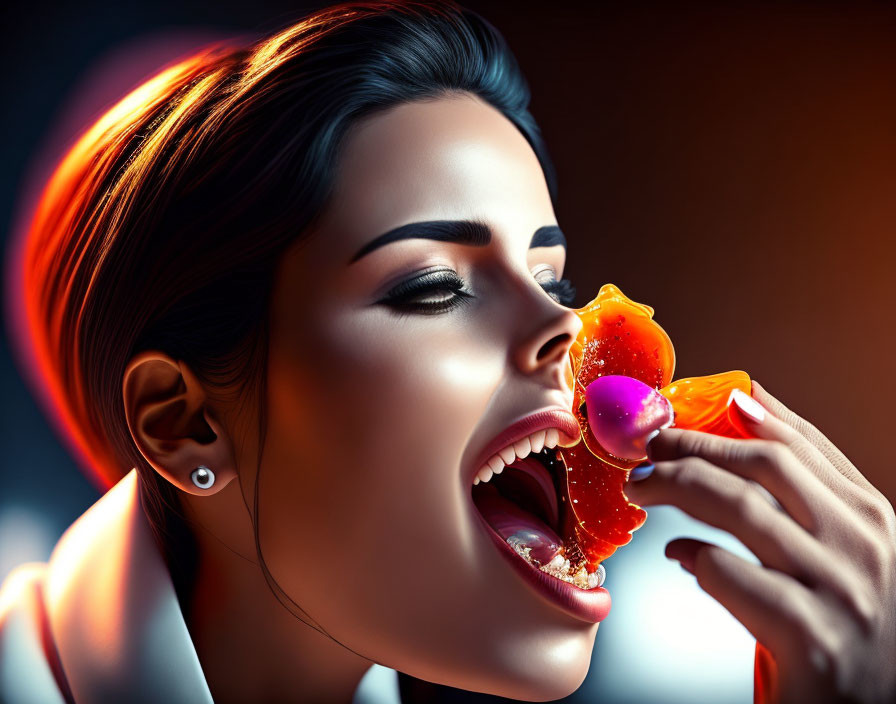 Vibrant makeup woman biting colorful gummy candy with bursting contents