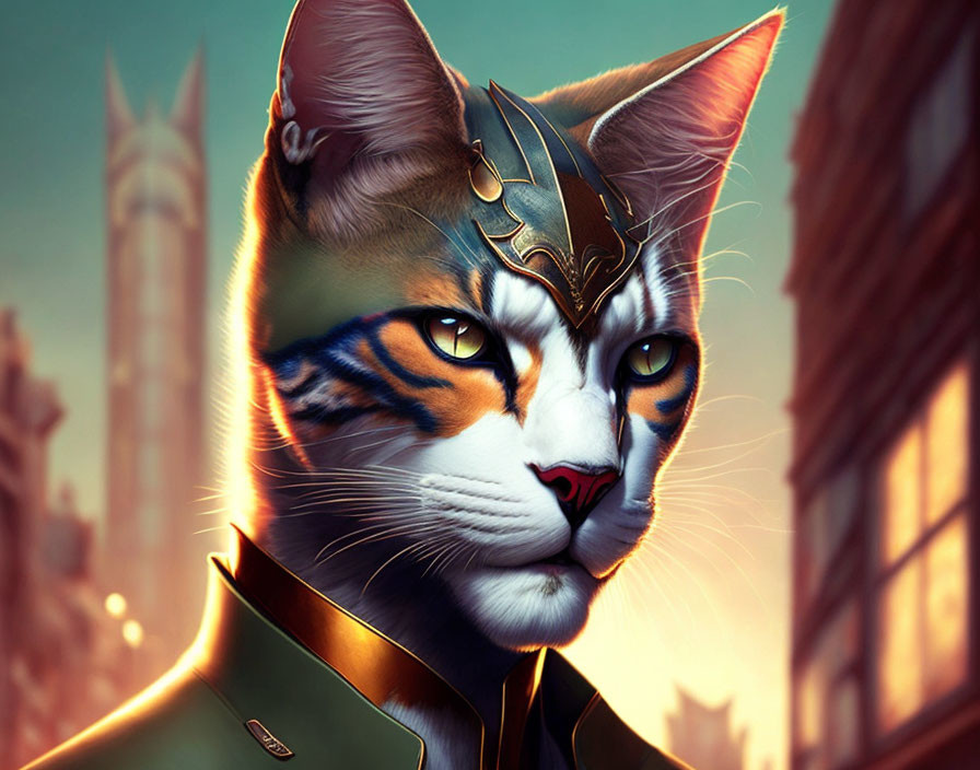 Stylized cat illustration in heroic costume against urban skyline