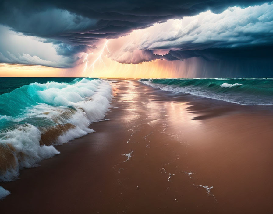 Thunderstorm Beach Scene: Lightning Strike, Dark Clouds, Turbulent Waves