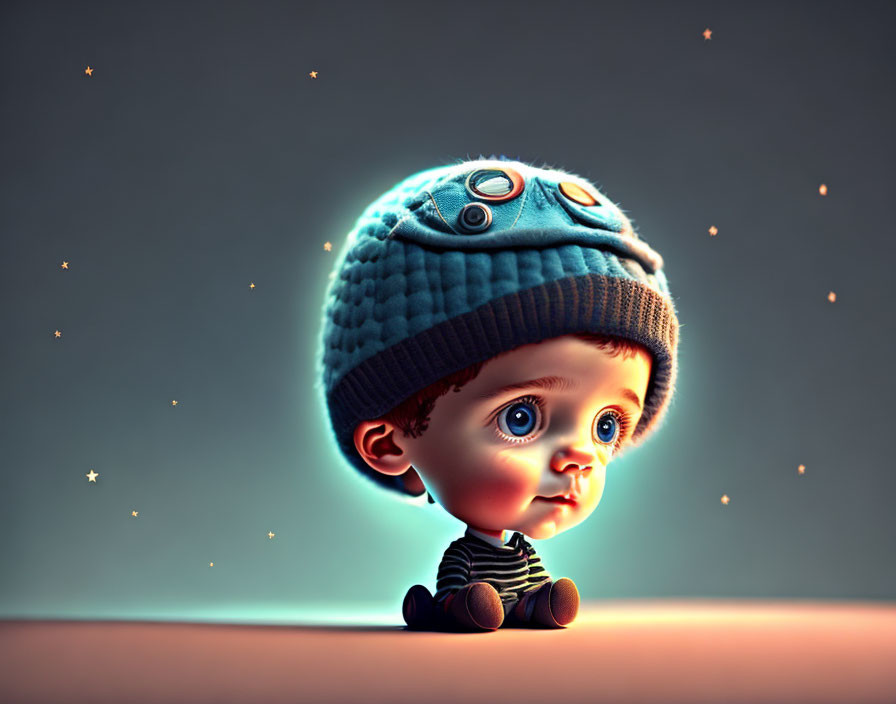 Stylized toddler with oversized eyes in blue hat among glowing stars