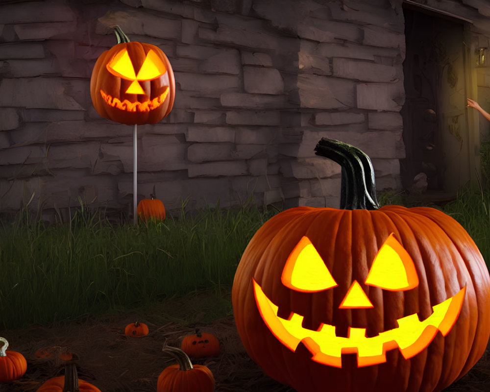 Carved Halloween pumpkins with glowing faces near wooden wall at dusk