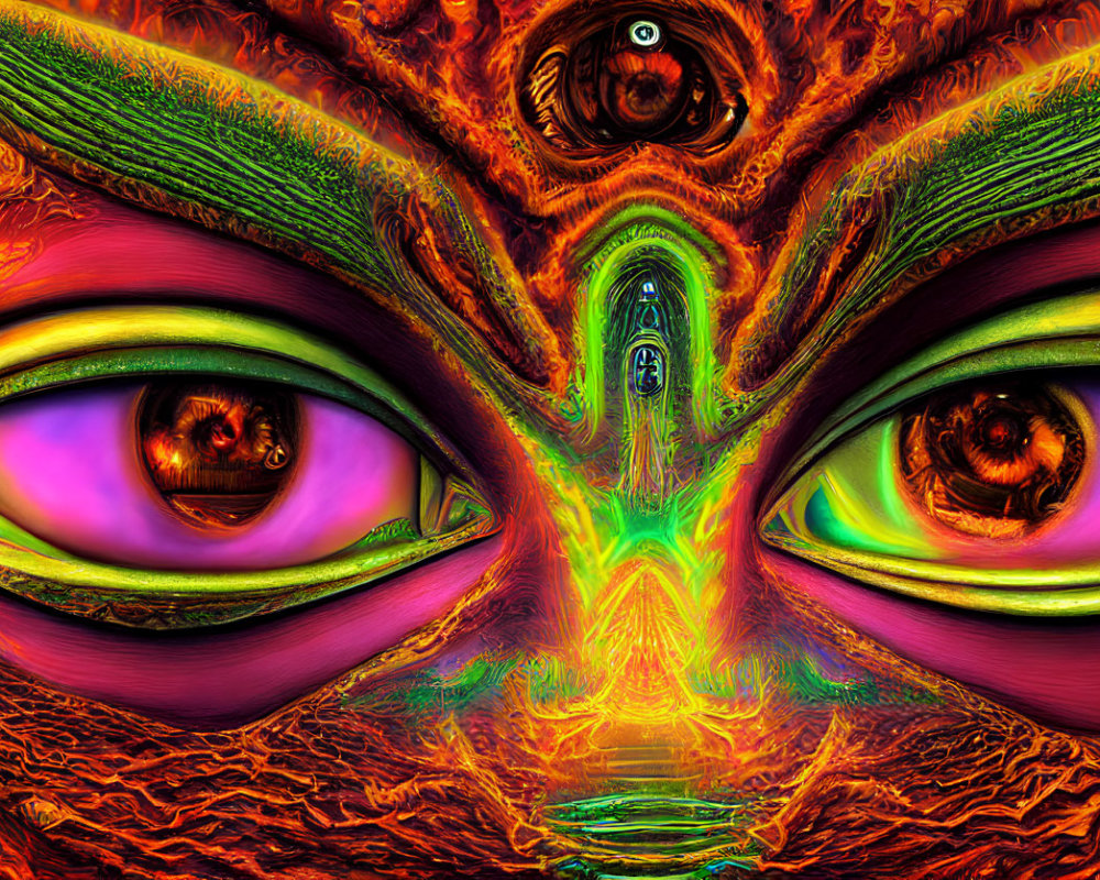 Colorful surreal digital artwork with multiple eyes and abstract patterns in orange, purple, and green palette