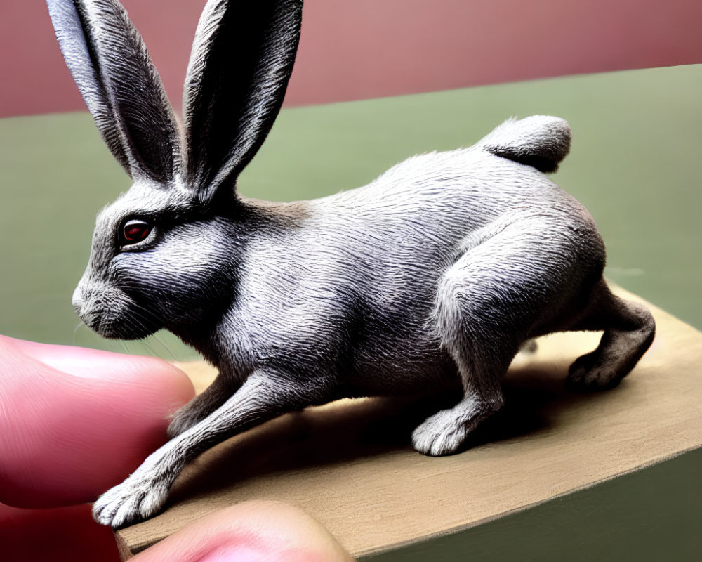 Detailed Miniature Rabbit Figurine with Realistic Fur Textures and Red-Eyed Gaze