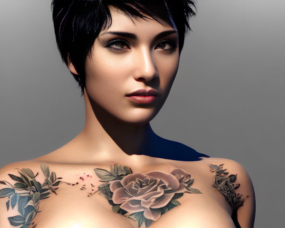 3D-rendered portrait of woman with pixie haircut, subtle makeup, floral tattoos