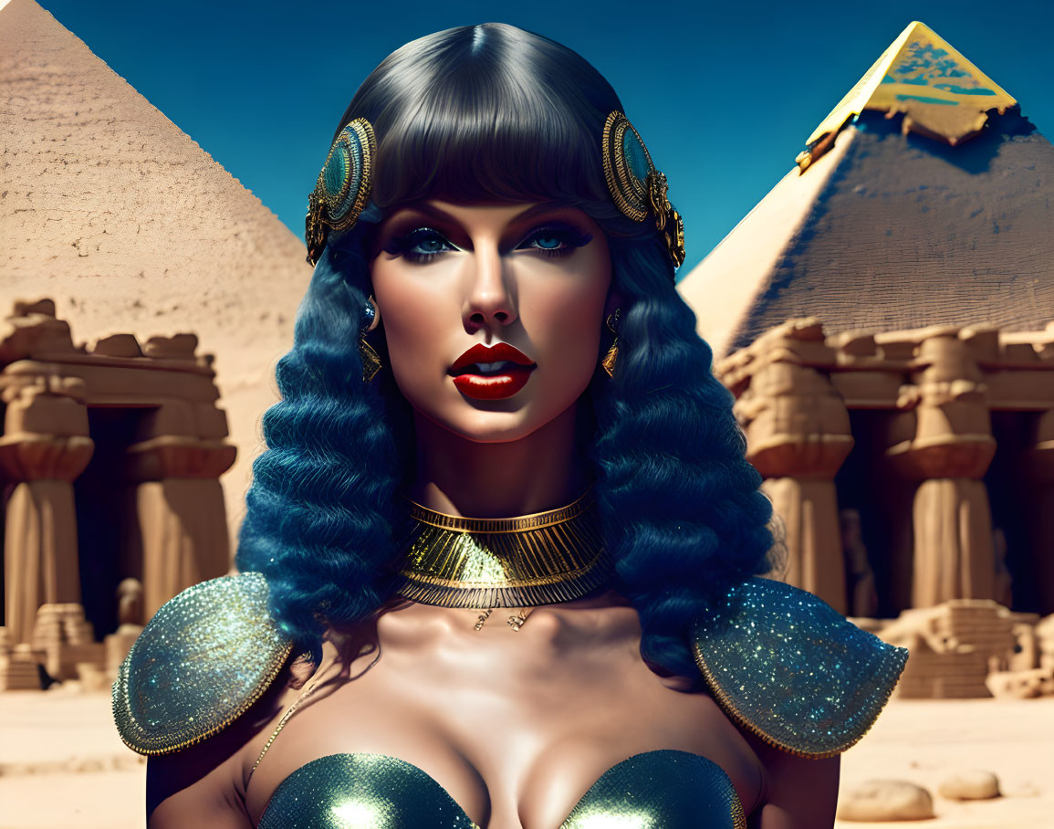 Egyptian woman with blue hair and pyramids in a stylized artwork