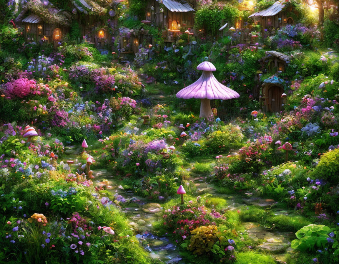 Enchanting fairy-tale garden with mushroom houses and vibrant flowers