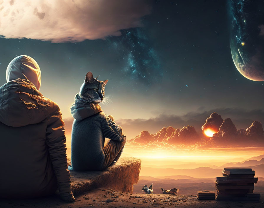 Person and giant cat watching sunset on desert terrain with large moon