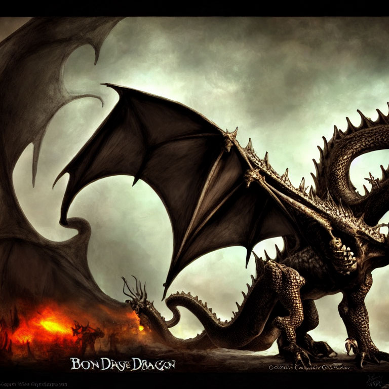 Majestic dragon with wings surrounded by flames and ominous sky