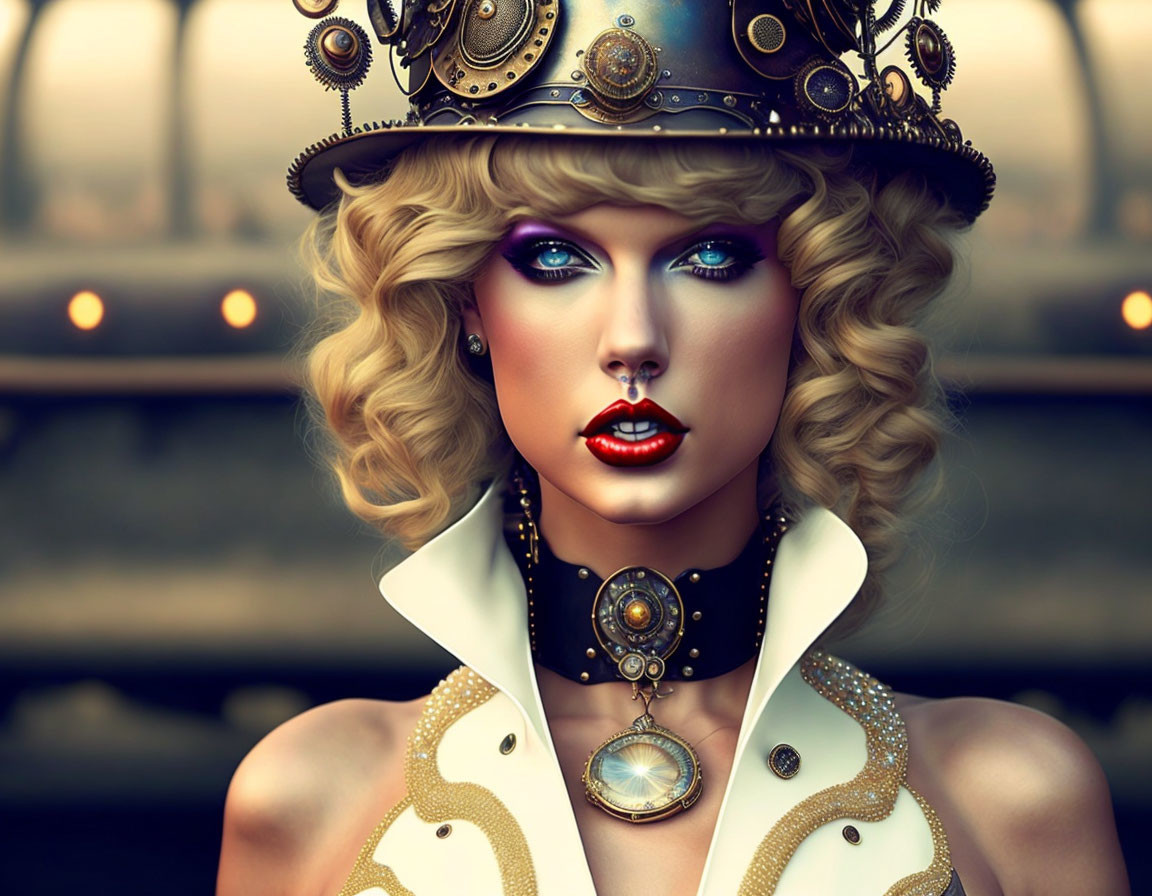 Digital artwork of woman with dramatic makeup and steampunk hat against blurred background