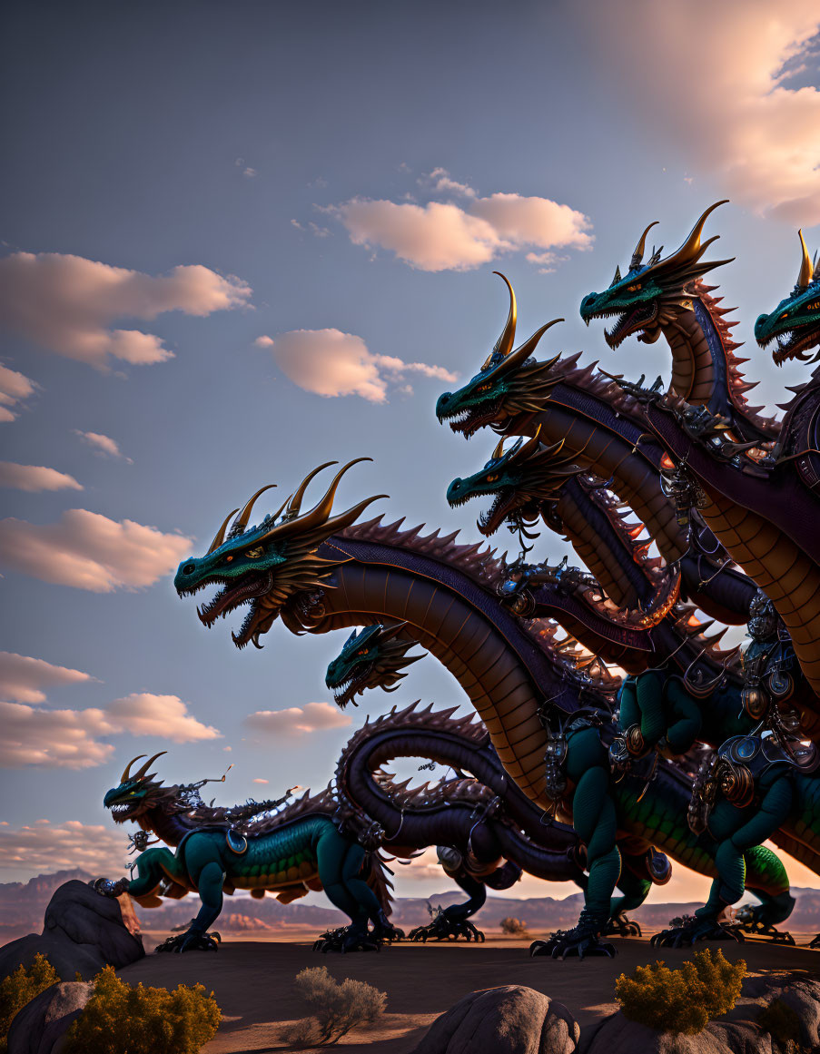 Blue and Green Scaled Multi-Headed Dragon in Desert Twilight