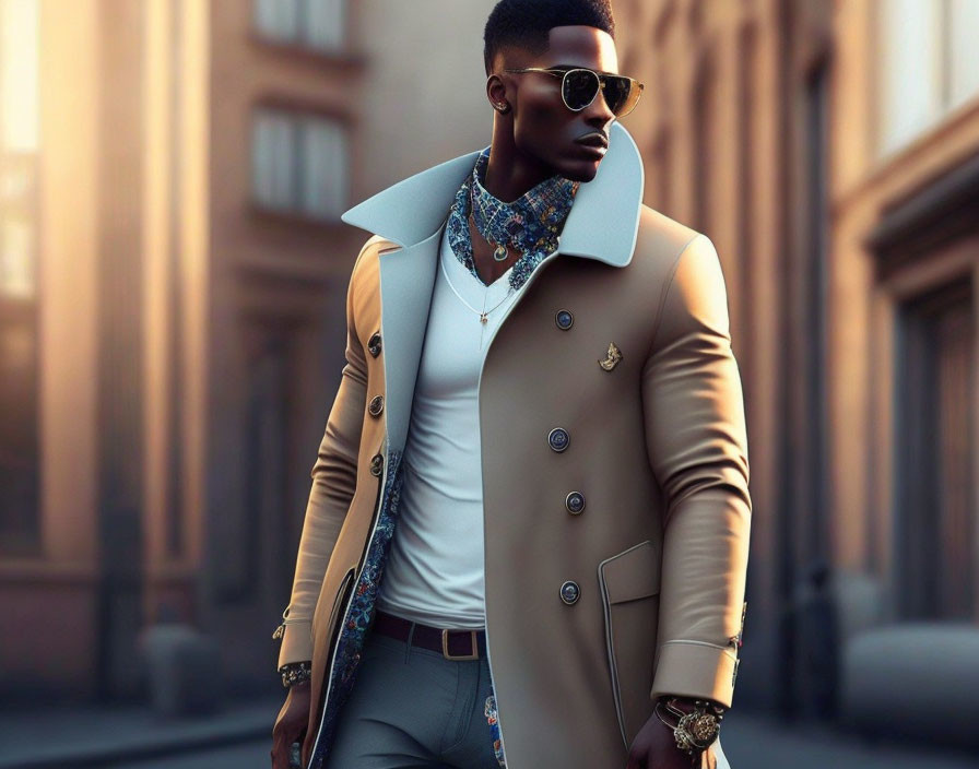 Fashionable man in tan overcoat, white shirt, gray trousers, sunglasses, scarf, and watch