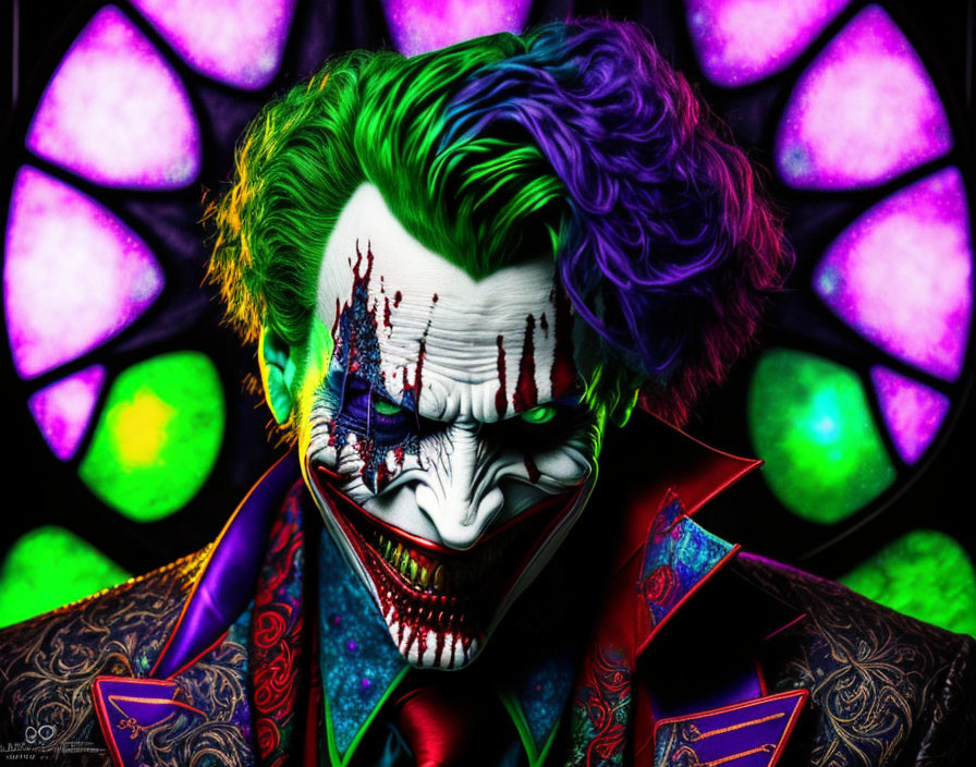 Sinister clown with green hair and sharp teeth on colorful background