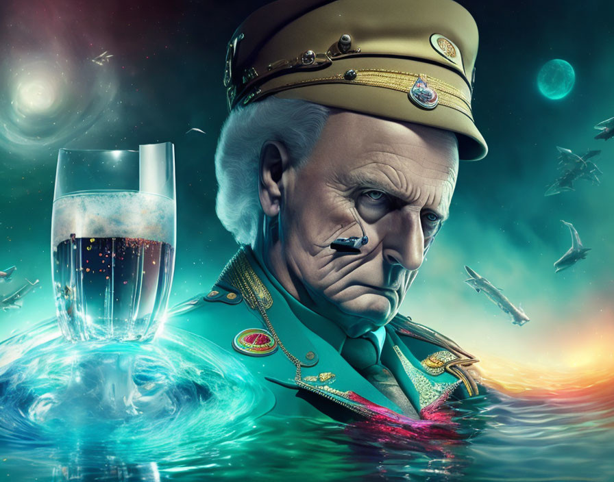 Surreal military portrait with aquatic, aircraft, planets, cosmic glass