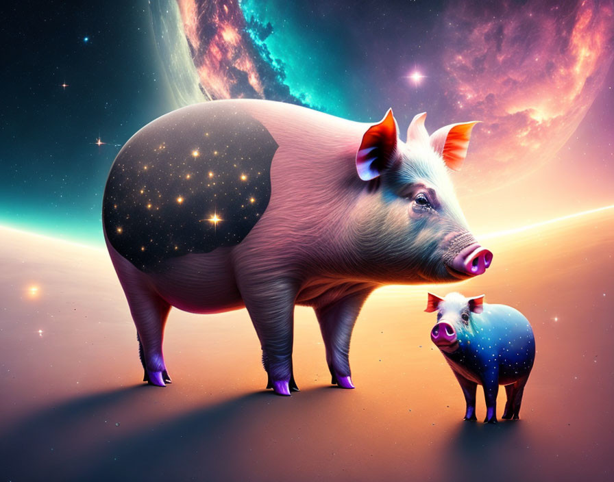 Surreal image: Pigs with star-filled bodies in cosmic setting