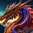 Detailed 3D rendering of majestic dragon with red and blue scales