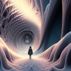 Person in surreal landscape with organic fractal structures